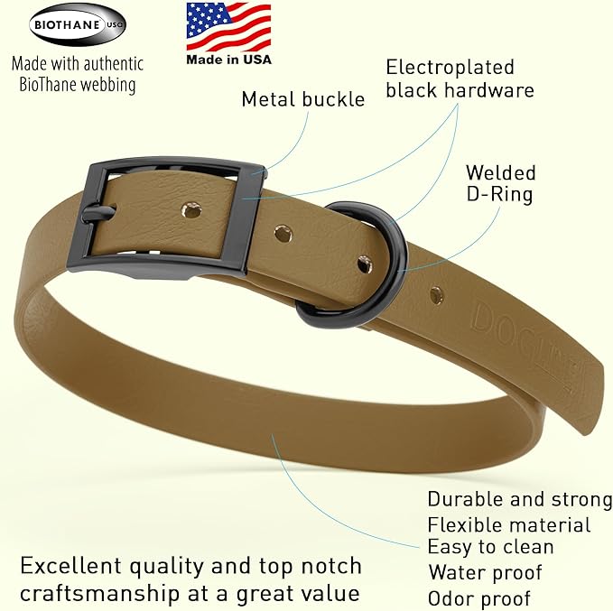 Dogline Biothane Waterproof Dog Collar Strong Coated Nylon Webbing with Black Hardware Odor- Proof for Easy Care Easy to Clean High Performance Fits Small Medium or Large Dogs, Coyote Brown