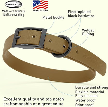 Dogline Biothane Waterproof Dog Collar Strong Coated Nylon Webbing with Black Hardware Odor- Proof for Easy Care Easy to Clean High Performance Fits Small Medium or Large Dogs, Coyote Brown