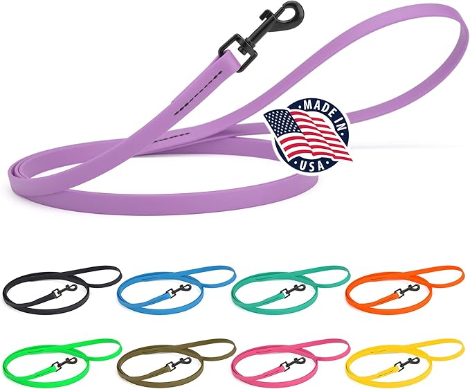 Dogline Biothane Waterproof Dog Leash Strong Coated Nylon Webbing with Black Hardware Odor-Proof Easy to Clean High Performance for Small or Large Dogs Made in USA 4 or 6 ft Lead, Amethyst Purple