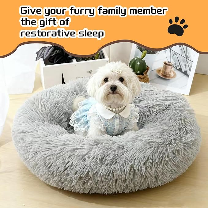 Comfort Donut Dog Bed for Small Dogs, Cat Bed & Pet Bed for Indoor Use, Medium Size with Soft Plush, Round Dog Beds for Large Dogs and Cats (Light Gray, 20''Lx20''Wx8''Th)
