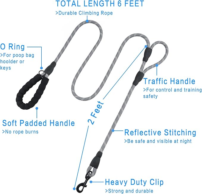 Plutus Pet Rope Dog Leash 6ft Long, Heavy Duty,Reflective Double Handle Leash for Safety Training, for Medium Large Dogs, Dual Handle Leads(Gray)