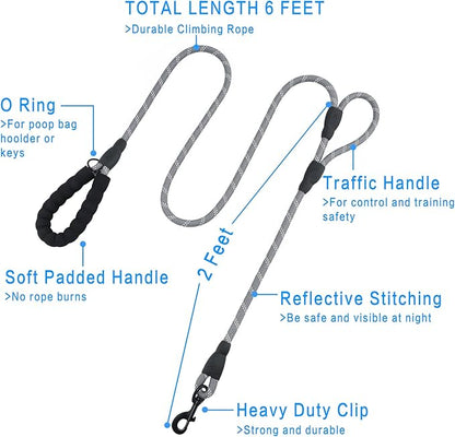 Plutus Pet Rope Dog Leash 6ft Long, Heavy Duty,Reflective Double Handle Leash for Safety Training, for Medium Large Dogs, Dual Handle Leads(Gray)