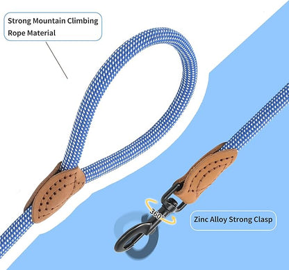 Mile High Life Rope Leash with Genuine Leather Connection, 6 FT/5 FT/4 FT, Heavy Duty Leash for Medium & Large Dogs (Blue White, 48 Inch)