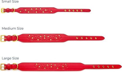 Blueberry Pet Premium Embossed Red Glam Silver-Powered Freshness Microfiber Leather Dog Collar with Gold Studs