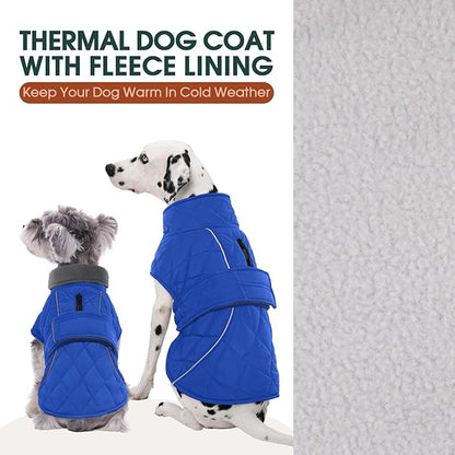 Kuoser Dog Coat Thermal Fleece Lined Dog Jacket, Adjustable Hook & Loop Dogs Coats for Medium Dogs Windproof Reflective Puppy Snow Jackets Pet Cold Weather Clothes with Harness Hole, Blue, M