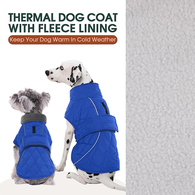 Kuoser Extra Warm Dog Coat, Windproof Cold Weather Dog Jackets for Large Dogs, Thick Fleece Lining Pet Turtleneck Snowsuit Reflective Adjustable Puppy Winter Coat Doggie Snow Jacket Blue, XL