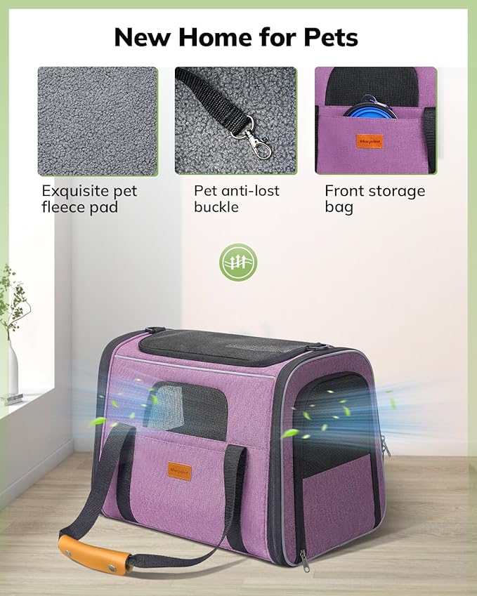 Morpilot Cat Carrier - Cat Carrier Soft for Medium or Large Cats up to 18lbs, with Dual-Sided Cushion, Secure Buckle and Foldable Bowl, Dog Carriers for Small Dogs(Purple)-17.3" L x 12.2" W x 13.4" H