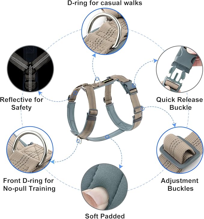 Plutus Pet No Pull Dog Harness, Adjustable Nylon Harness with Soft Padding, Reflective and Heavy Duty Dog Harness for Small, Medium, Large Dogs(Beige, XS)