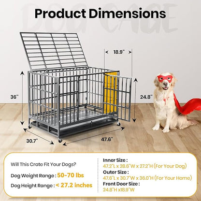 Oranland 48 inch Heavy Duty Indestructible Dog Crate,2025 New Upgraded Reinforced Baseplate for Large Dogs,XL Dog Crate for High Anxiety Dogs/Max Load Capacity 250lbs/Double Door with Wheels（Silver）