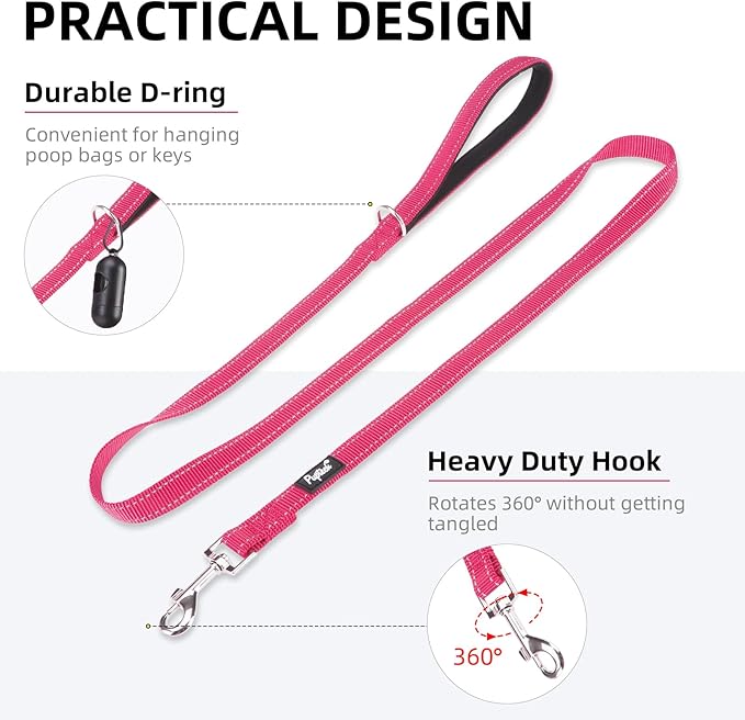 PUPTECK Reflective Dog Leash with Comfortable Padded Handle Durable Nylon Dog Lead for Small Medium and Large Dogs Cats Walking Running Training Outside, Hot Pink