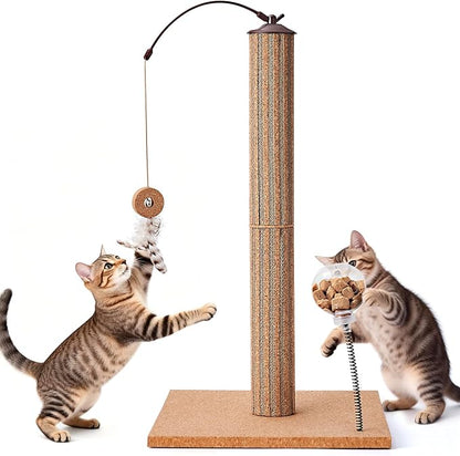 Cat Scratching Post Cork & Cardboard Mix with Heavey Duty Solid Wood Base, Indoor 26" Premium Durable Nature Kitten Scratch Post Tree with Snack Ball & Feather Interactive Toys for Kittens & Adult