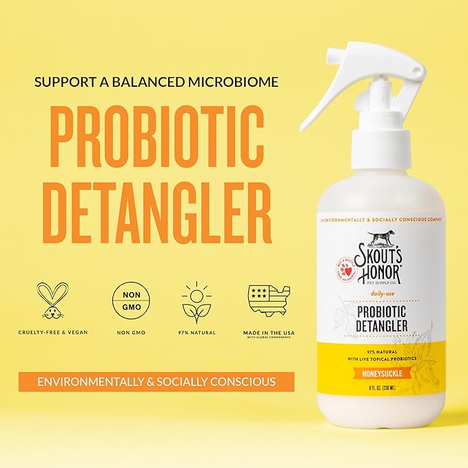 Skout's Honor Probiotic Pet Detangler Spray - Hydrating & Conditioning w/Avocado Oil, 97% Natural, Paraben & Sulfate-Free, softens for a More brushable Coat, Daily Use, 8oz, Honeysuckle, 2-Pack