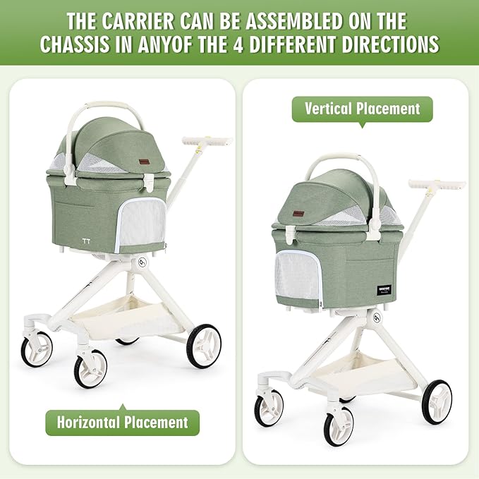 Beberoad Pets TT Lightweight Pet Stroller for Small Dogs & Cats - 4-Way Installation Carrier, One-Hand Fold, 180° Canopy Cover & Adjustable Handle (Green)