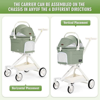 Beberoad Pets TT Lightweight Pet Stroller for Small Dogs & Cats - 4-Way Installation Carrier, One-Hand Fold, 180° Canopy Cover & Adjustable Handle (Green)