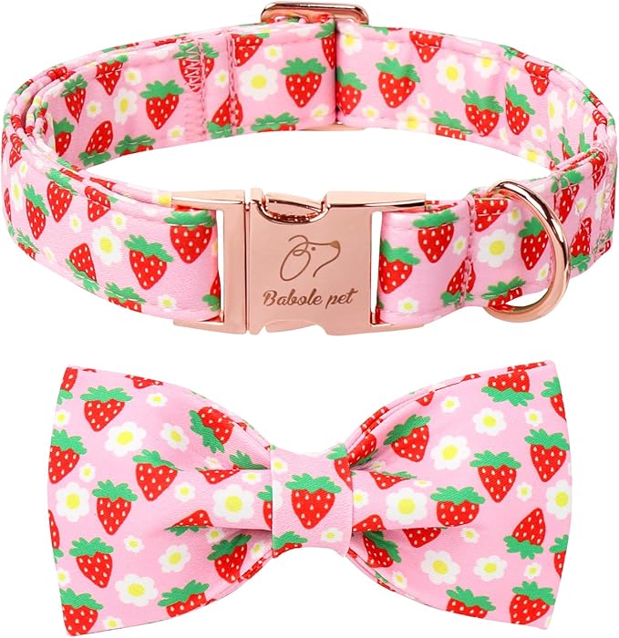 Cute Strawberry Dog Collar with Bow Tie - Adjustable Spring-Summer Pink Bowtie Collar Breathable Comfort Dog Collars for Small Medium Large Dogs M
