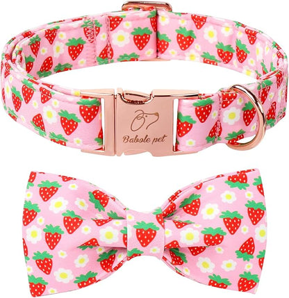 Cute Strawberry Dog Collar with Bow Tie - Adjustable Spring-Summer Pink Bowtie Collar Breathable Comfort Dog Collars for Small Medium Large Dogs S