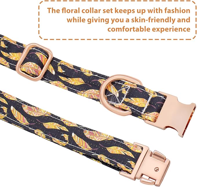 Dog Collar and Leash Set Adjustable Girls Puppy Floral Collars with Bow Tie for Small Medium Large Dogs(M, Feather)