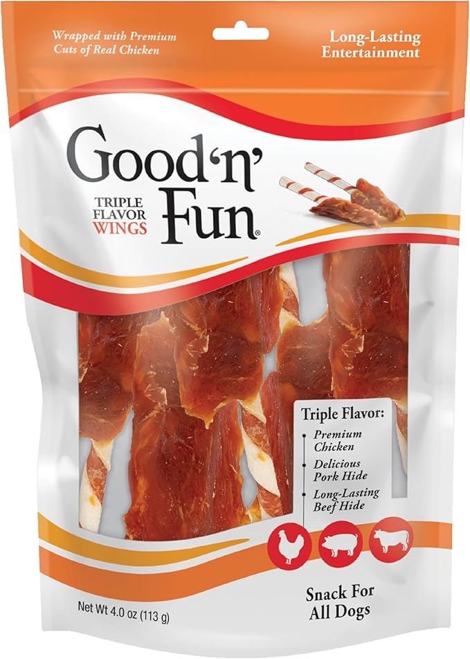 Good ‘n’ Fun Triple Flavor Wings Chews for All Dogs, 4 Ounces, Treat Your Dog to Long-Lasting Chews Made with Chicken, Pork Hide and Beef Hide