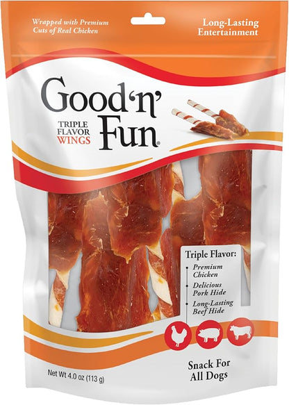 Good ‘n’ Fun Triple Flavor Wings Chews for All Dogs, 4 Ounces, Treat Your Dog to Long-Lasting Chews Made with Chicken, Pork Hide and Beef Hide