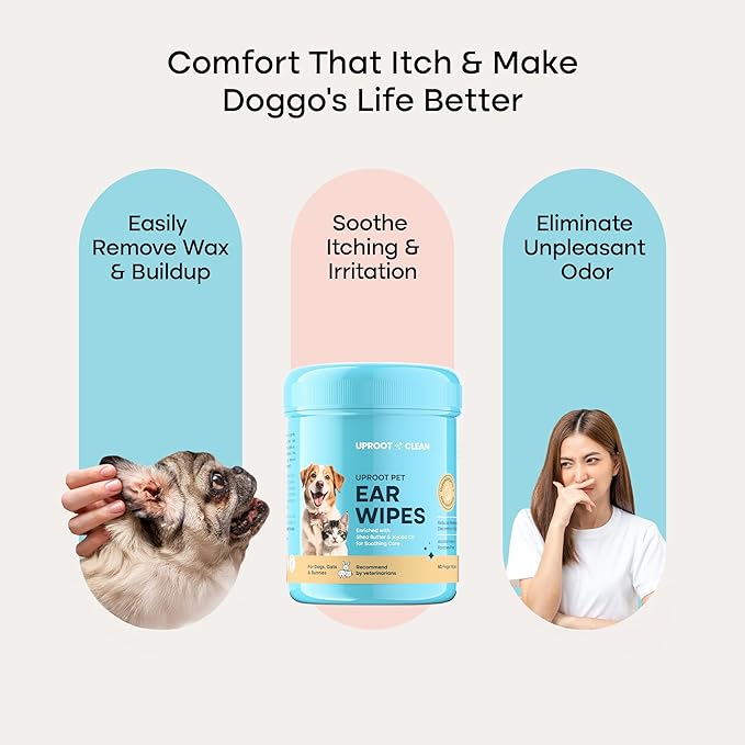 Uproot Clean Cat & Dog Ear Cleaner Finger Wipes (50ct.): Disposable Dog Ear Wipes Enriched with Shea Butter & Jojoba Oil - Cleaner Removing Wax Build Up, Help with Odor Discomfort