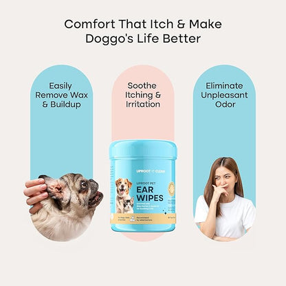 Uproot Clean Cat & Dog Ear Cleaner Finger Wipes (50ct.): Disposable Dog Ear Wipes Enriched with Shea Butter & Jojoba Oil - Cleaner Removing Wax Build Up, Help with Odor Discomfort