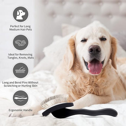 Dog Slicker Brush & Stainless Steel Comb Set for Shedding & Grooming Medium & Large Long or Thick Coated Dogs, Doodles & Cats, 1 Inch Pin Slicker Brush with Ergonomic Wooden Handle, Black