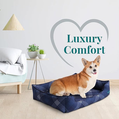 Pupstilo Orthopedic Bolster Dog Bed – CertiPUR-US Foam, Recycled Polyester Canvas, Washable Cover, Anti-Slip Bottom, Large, Navy Plaid – Stylish Designer Dog Sofa