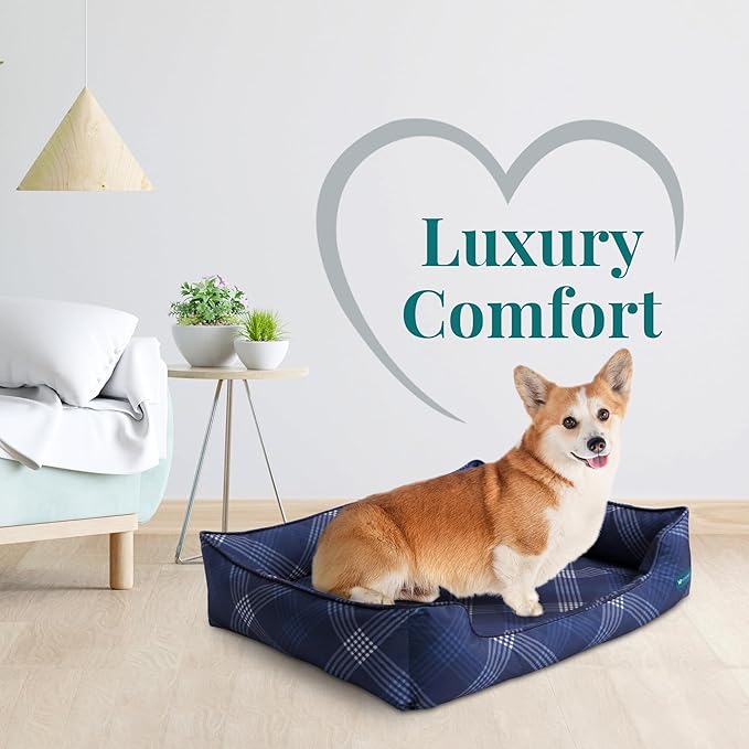 Pupstilo Orthopedic Bolster Dog Bed – CertiPUR-US Foam, Recycled Polyester Canvas, Washable Cover, Anti-Slip Bottom, Small, Navy Plaid – Stylish Designer Dog Sofa