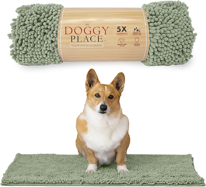 My Doggy Place Dog Mud Mat, 31" x 20" Sage – Thick Microfiber Entry Rug for Snow, Mud & Salt – Absorbent, Quick-Dry, Washer-Safe & Non-Slip, Medium