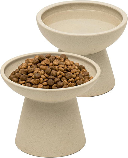CEEFU 2 Elevated Cat Bowls Extra Wide for Food & Water – Whisker Fatigue, Ceramic Wide Shallow Food Dish, Lead & Cadmium Free, Raised Height for Cats, Pottery Clay (Not Glazed)