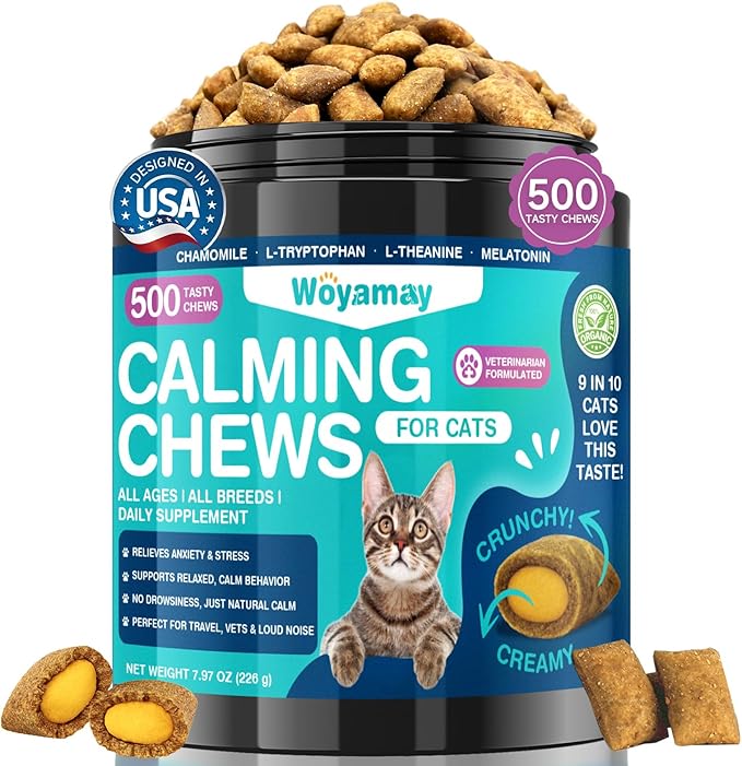 Woyamay Cat Calming Treats, 500 Crunchy & Creamy Calming Chews for Cats, Natural Calming Cat Treats to Manage Stress & Anxiety, Tasty Calm Chews Supplement, Chicken Flavor
