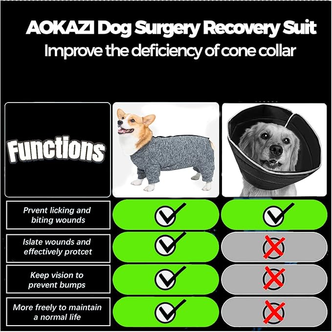 AOKAZI Dog Surgery Recovery Suit, Puppy Cat Onesie for Shedding Skin Disease Wound Protection, Medical Pet Surgical Suit w/Long Sleeve, Dog Pajamas (Black Grey, X-Small)