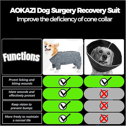 AOKAZI Dog Surgery Recovery Suit, Puppy Cat Onesie for Shedding Skin Disease Wound Protection, Medical Pet Surgical Suit w/Long Sleeve, Dog Pajamas (Black Grey, X-Small)