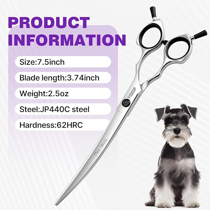 Curved Dog Grooming Scissors 7.5 in Curve Shears for Pet Dogs Cat Japan 440C 30°Arc Upward & Downward for Trimming Face and Paws(7.5, Curved)