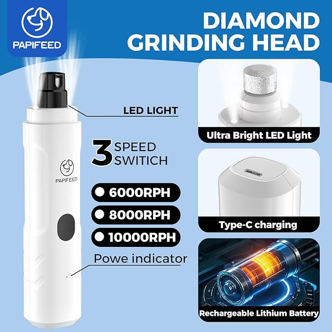 PAPIFFEED Dog Nail Clippers & Dog Nail Grinder, Quiet 3-Speed Electric Dog Nail Trimmers with Dual LED Light, Rechargeable Pet Nail File for Small Medium Large Dogs & Cats (White)