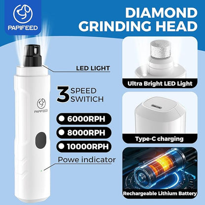 PAPIFFEED Dog Nail Clippers & Dog Nail Grinder, Quiet 3-Speed Electric Dog Nail Trimmers with Dual LED Light, Rechargeable Pet Nail File for Small Medium Large Dogs & Cats (White)