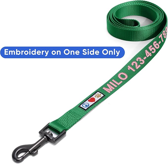 Pawtitas Personalized 6 ft Lush Green Dog Leash XXS/Cat Custom Name and Phone Embroidery Strong Nylon Leash for Small Breeds
