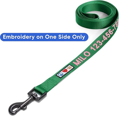 Pawtitas Personalized 6 ft Lush Green Dog Leash M/L Custom Name and Phone Embroidery Strong Nylon Leash for Medium and Large Breeds