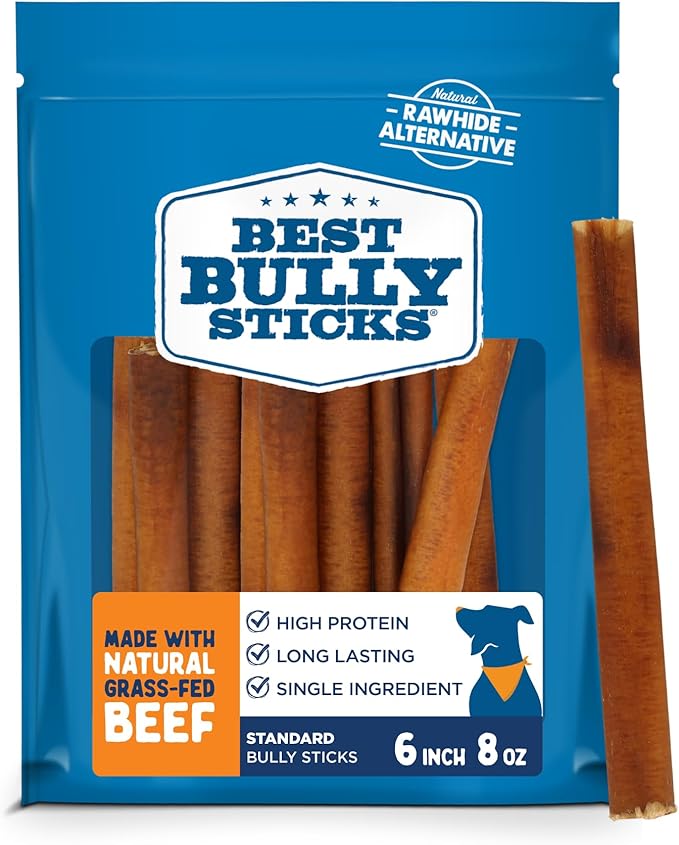 Best Bully Sticks 6 Inch Bully Sticks - 8 oz (Pack of 1) - Natural Grass-Fed, Grain and Rawhide Free, Great for Medium or Large Pets