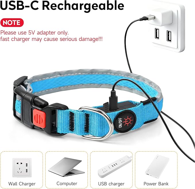 LED Dog Collar, Light Up Dog Collar USB Rechargeable, Nylon Adjustable Comfortable Soft Bright RGB 7 Colors Changeing Safety Light Glowing Collar for Small and Medium Dogs(Small,Blue)