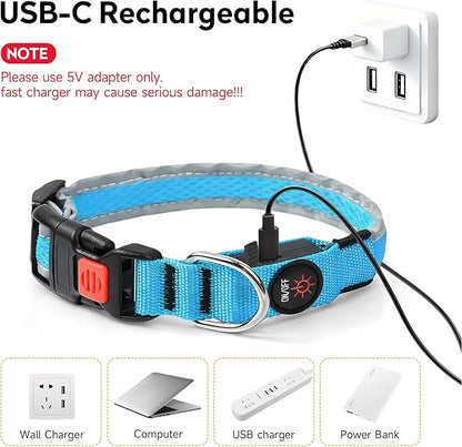 LED Dog Collar, Light Up Dog Collar USB Rechargeable, Nylon Adjustable Comfortable Soft Bright RGB 7 Colors Changeing Safety Light Glowing Collar for Small and Medium Dogs(Small,Blue)