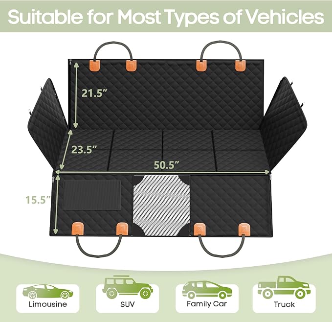 Smatto Dog Car Seat Cover for Back Seat, Hard Bottom Back Seat Extender Supports 400lbs, Waterproof Rear Seat Pet Cover, Dog Hammock with Mesh Window for Car SUV and Trucks
