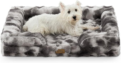 COZY KISS Orthopedic Dog Bed for Large Medium Size Dog, Soft and Warm Faux Fur Sofa for Pet Up to 75 lbs, Foam Bolster Anti-Slip Couch with Washable Removable Cover, L 36x27x6.5 inch, Tie Dye Grey