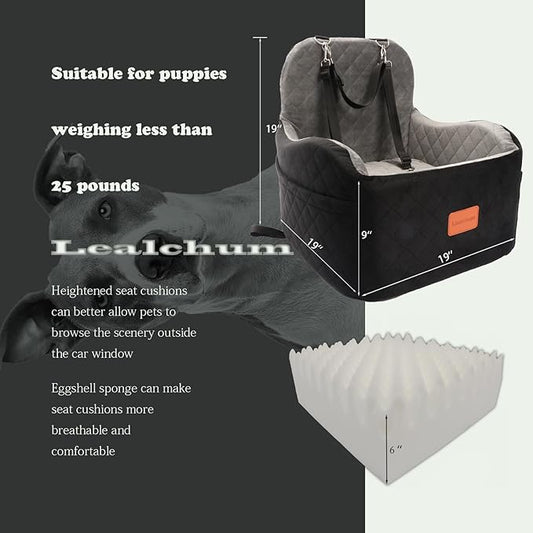 Lealchum Dog Booster Car Seat for Small/Medium Dogs,6in Memory Foam Elevated Cushion,Fully Detachable and Washable,2 Clip-On Safety Leashes,Anti-Slip Base(Black/Grey,Medium)