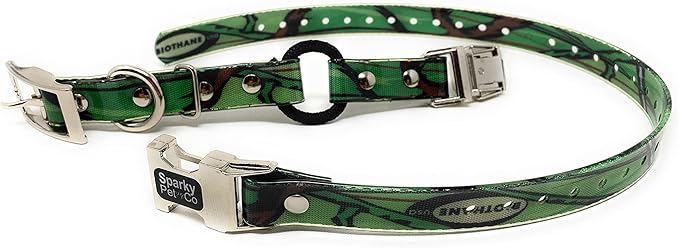 Sparky Pet Co -Zeus ECollar Replacement Strap - Bungee Loop Dog Collar - Waterproof Biothane - Adjustable - Double Buckle - Quick Snap Metal Clasp - for Invisible Fence Systems - 1"x 30" Green Camo