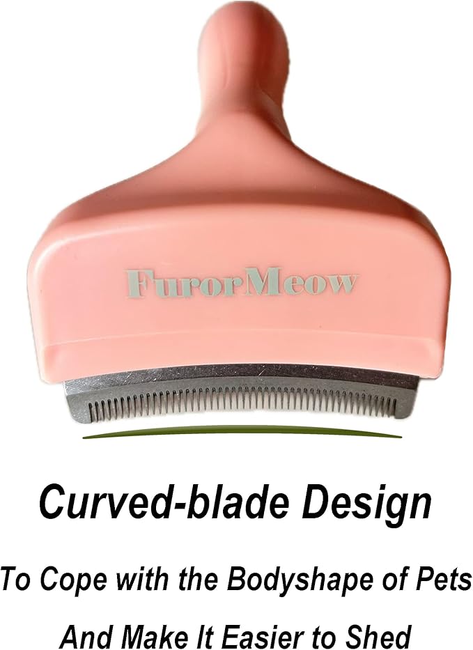 FurorMeow Pet Deshedding Tool with Curve Blade, Cat Grooming Brush, Tight V-shaped Teeth Shedding Comb for Cats and Dogs (Pink, Small)
