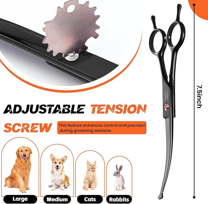 JASON 7.5" Dog Grooming Shear - Professional Up-curved Scissor with Round Tips Japanese Stainless Steel Hair Scissor for Dogs, Cats and Other Pets (Curved with Round Tips, Black) Christmas Gift