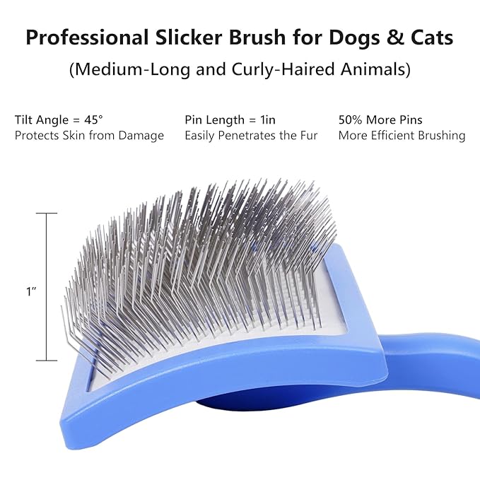 3PCS Slicker Brush for Dogs & Pet Comb,Professional Dog Grooming Brush (Goldendoodles,Poodles,Labradoodles) with Extra Long Pins to Effectively Remove Tangles, Knots,Mats Hair Collection Bottle (Blue)
