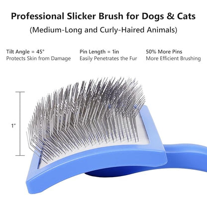 3PCS Slicker Brush for Dogs & Pet Comb,Professional Dog Grooming Brush (Goldendoodles,Poodles,Labradoodles) with Extra Long Pins to Effectively Remove Tangles, Knots,Mats Hair Collection Bottle (Blue)