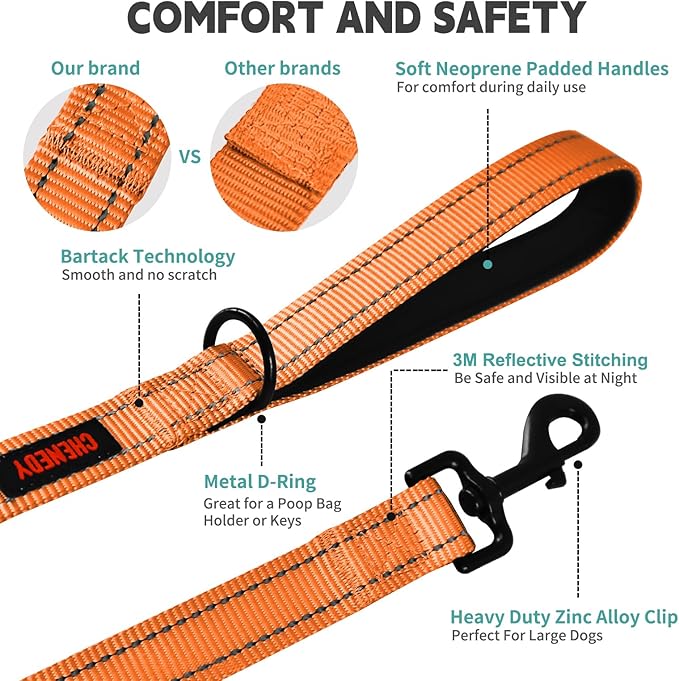 Heavy Duty Leash for Large Breed Dogs - Double Handle, Reflective Training Lead, Perfect for Medium to Large Dogs (6FT Orange)